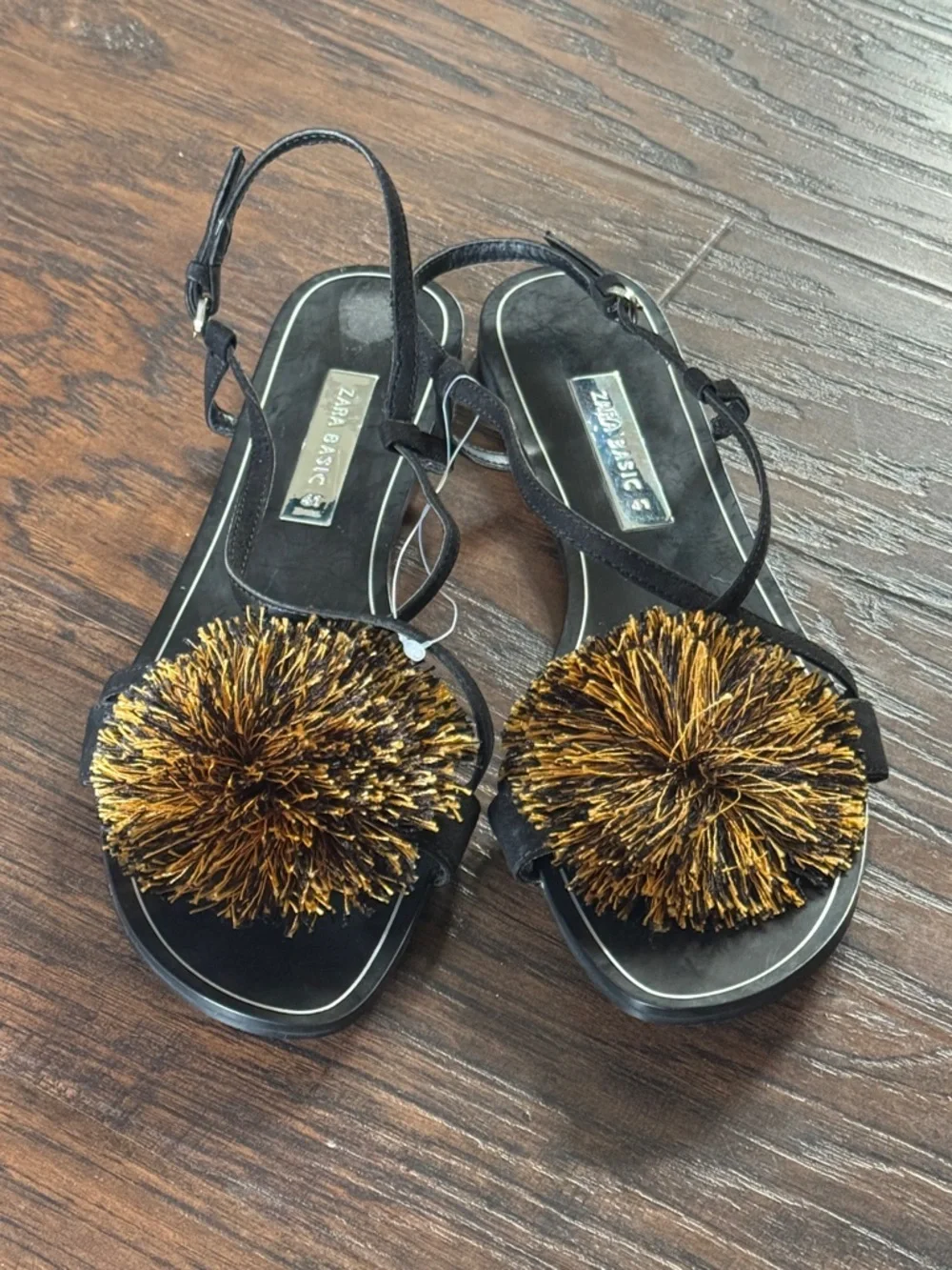 Zara Black Sandals with Metallic Gold Pom Detail - Picture 4 of 11